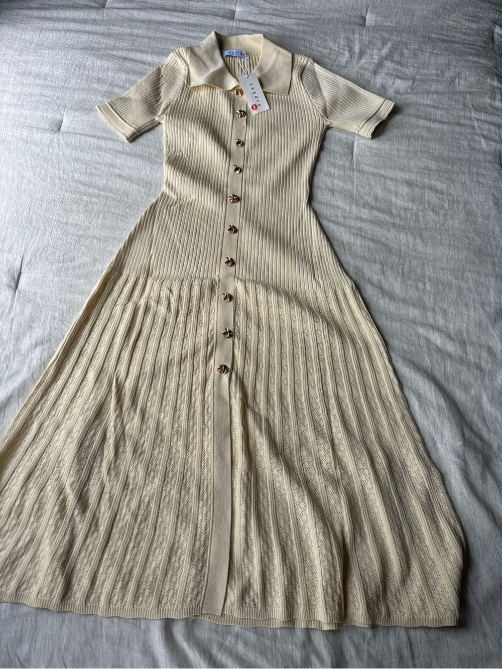 Sandro Cream Ribbed Knit Maxi Polo Dress with Button Front